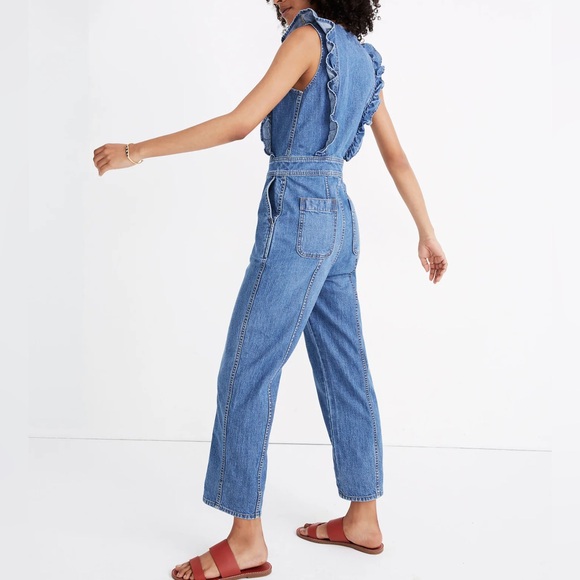 Madewell Denim Ruffle Sleeve Zip Front Jumpsuit Women’s Size 00 Boho Western - Picture 2 of 8